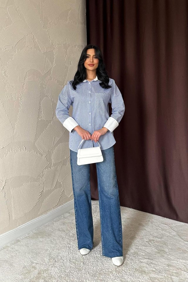 Mavi Çizgili Poplin Uzun Kol Gömlek