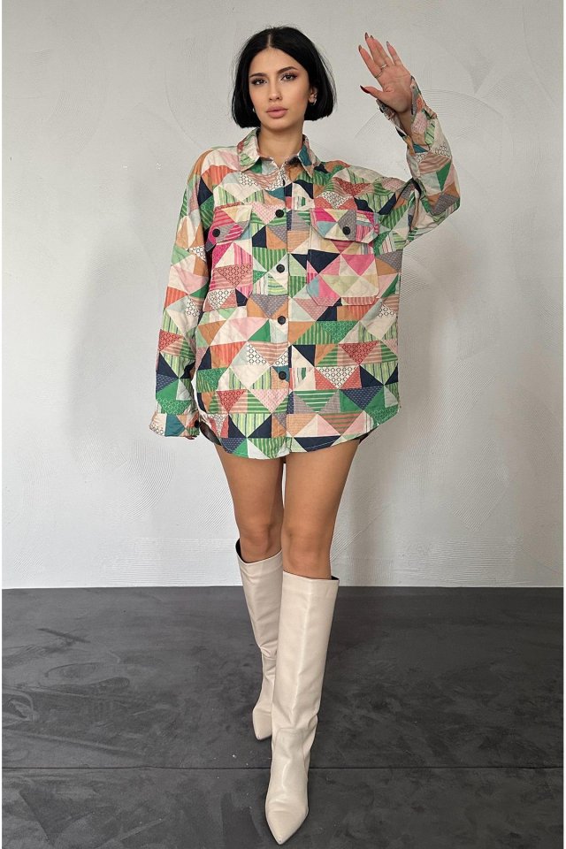 Yeşil Desenli Kapitone Cepli Gömlek