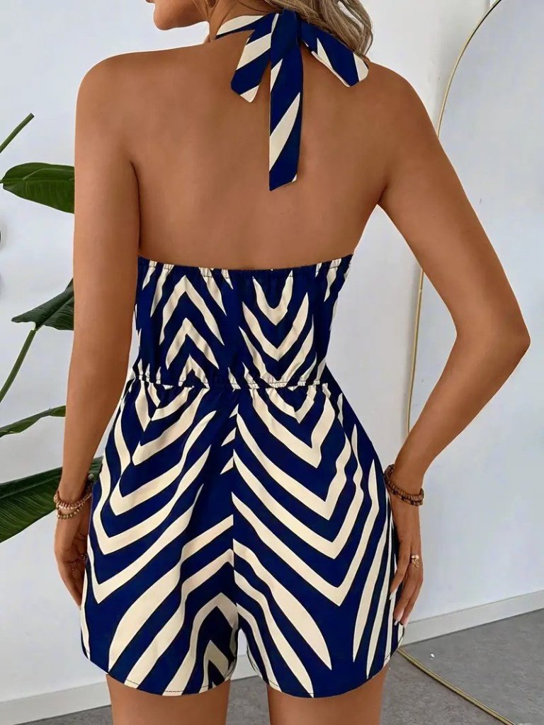 Kadın Boyundan Askılı Halter Yakalı Desenli Süprem Tulum