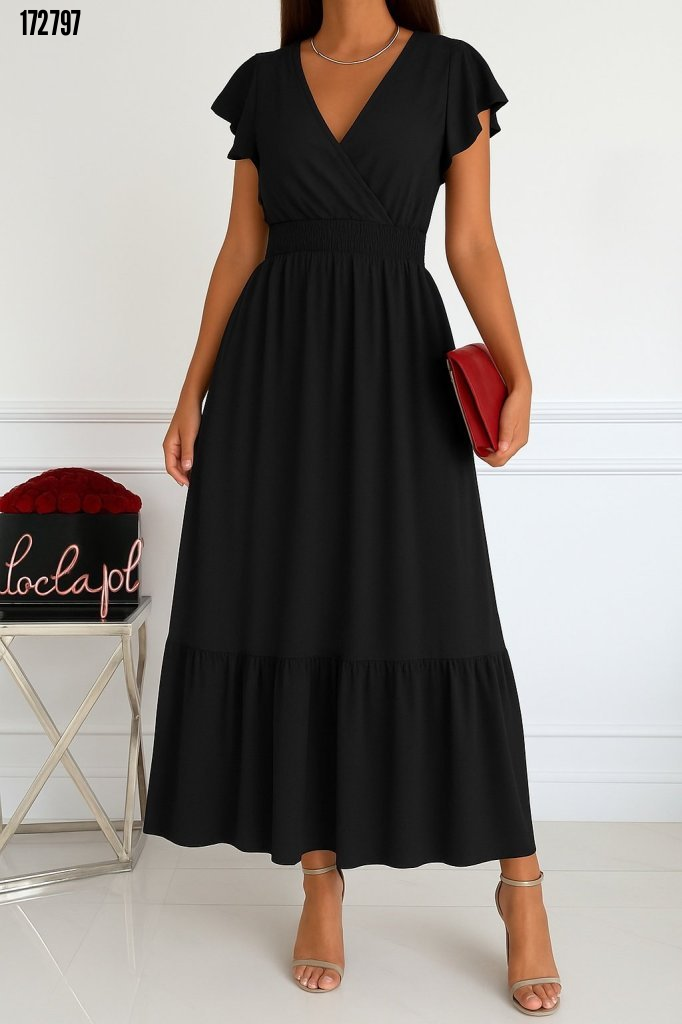 Kadın Kısa Kelebek Kollu Kruvaze Yakalı Beli Lastikli Aerobin Elbise