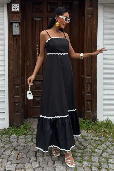 Dalgalı Şerit Detay Askılı Poplin Elbise 2876