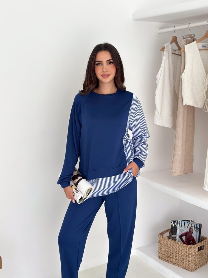 Kadın Gömlek Detay çizgili Yandan Bağlamalı Ikili Takım