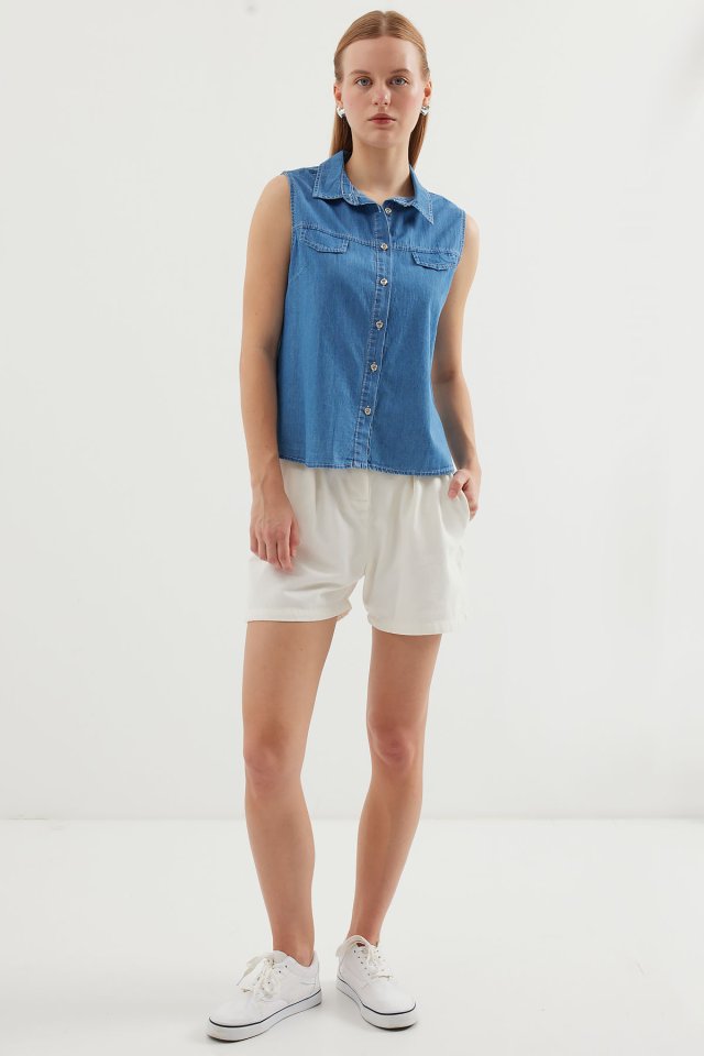 20257 Sıfır Kol Kot Gömlek - Lacivert