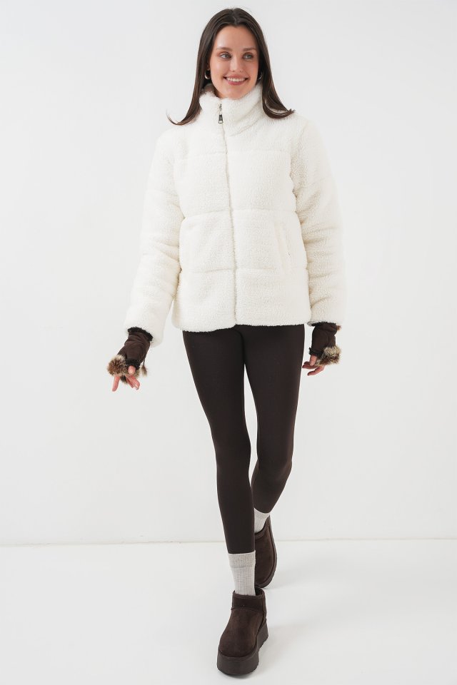 5178 Astarlı Peluş Mont - Beyaz