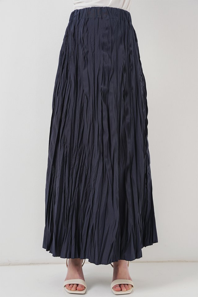 Uzun Kırışık Etek 8042 - Lacivert