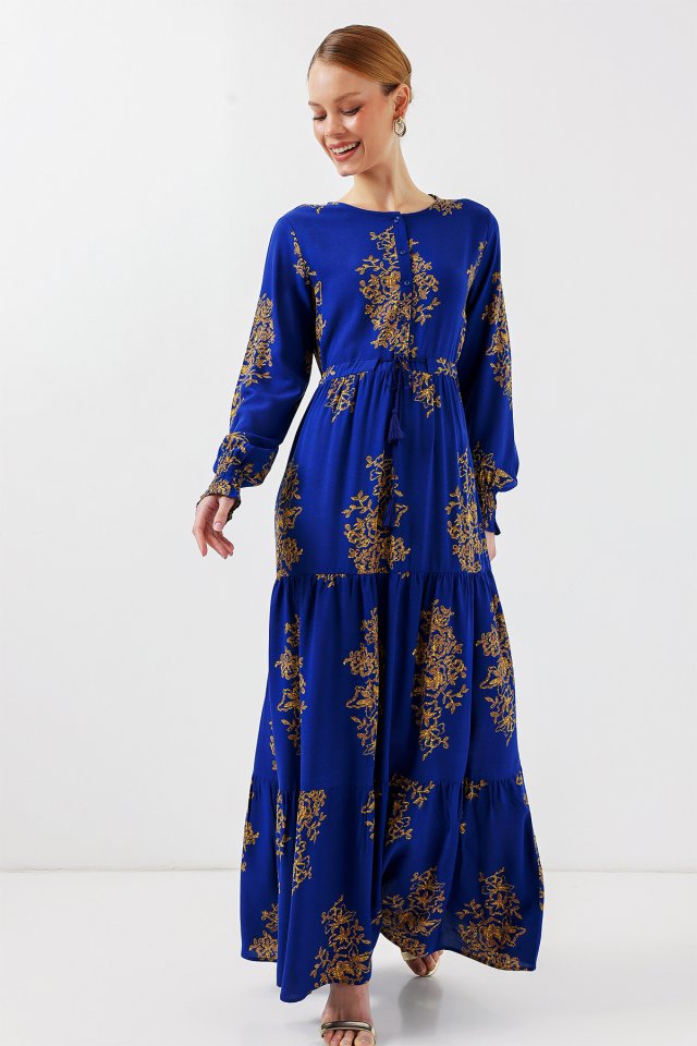 2145 Desenli Tesettür Elbise - Saks