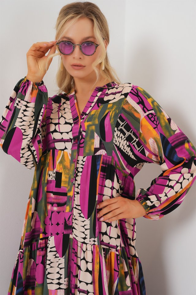 2423 Otantik Desenli Tesettür Elbise - H. Haki