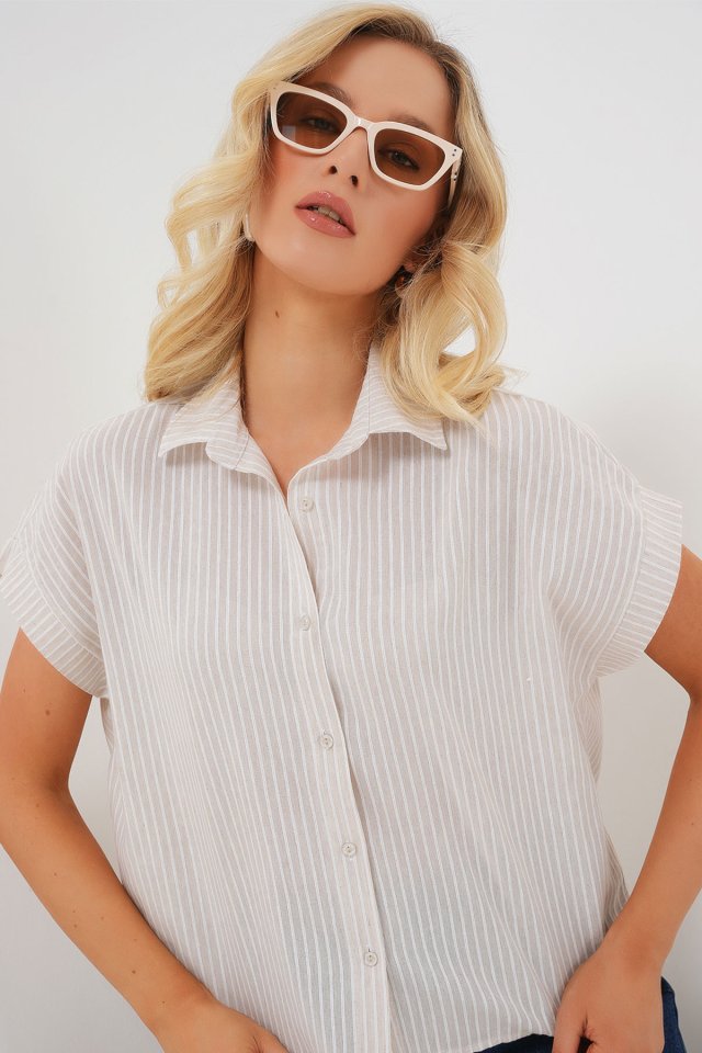 Çizgili Kısa Kol Gömlek 20324 - Krem
