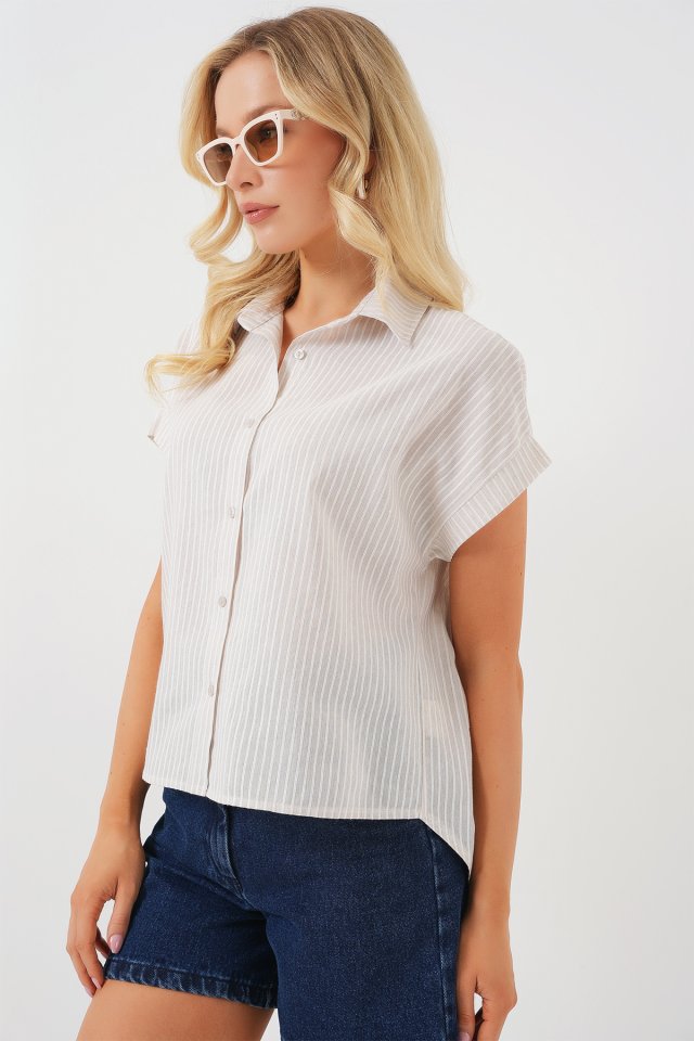Çizgili Kısa Kol Gömlek 20324 - Krem