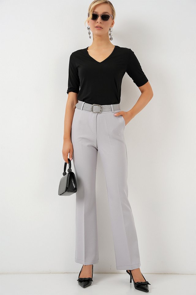 6538 Kemerli İspanyol Paça Pantolon - Gri