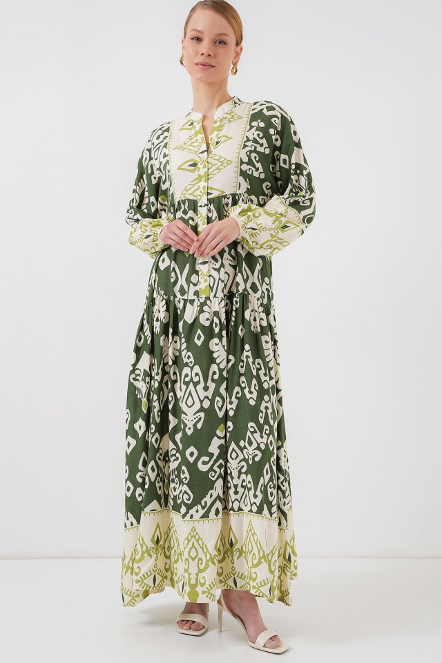 2423 Otantik Desenli Tesettür Elbise - B. Haki