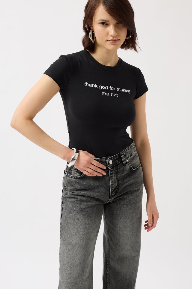 Baskılı Likralı Crop T-Shirt