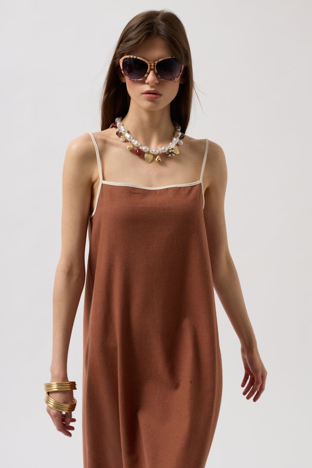 Şerit Detay Keten Maxi Elbise