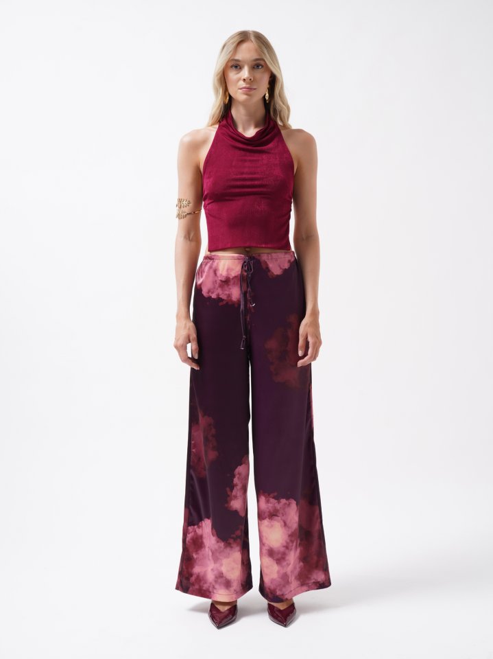 Bel Lastikli Desenli Saten Pantolon