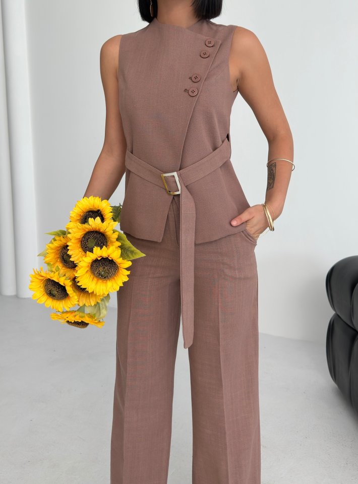 Ti̇na Asi̇metri̇k Keten Yelek Pantolon Takim