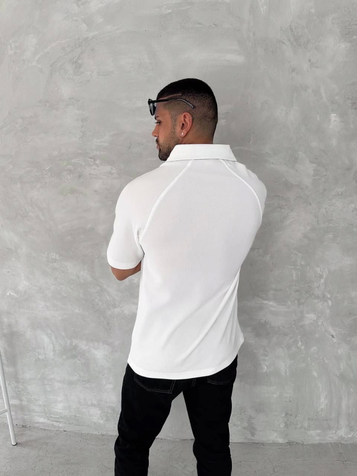 Yakalı Patlı Kısa Kol T-shirt - Beyaz