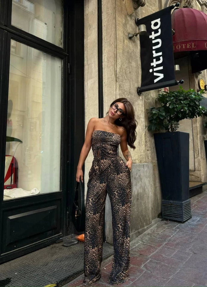 Leopar Desenli önden Bağlamalı Bluz Pantolon İkili Takım -Leopar