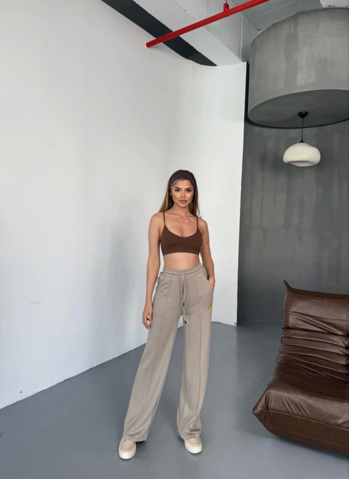 Osy Modal Yumuşak Dokulu Kumaş Nakış Işlemeli Rahat Bol Paça Eşofman Pantalon - Bej