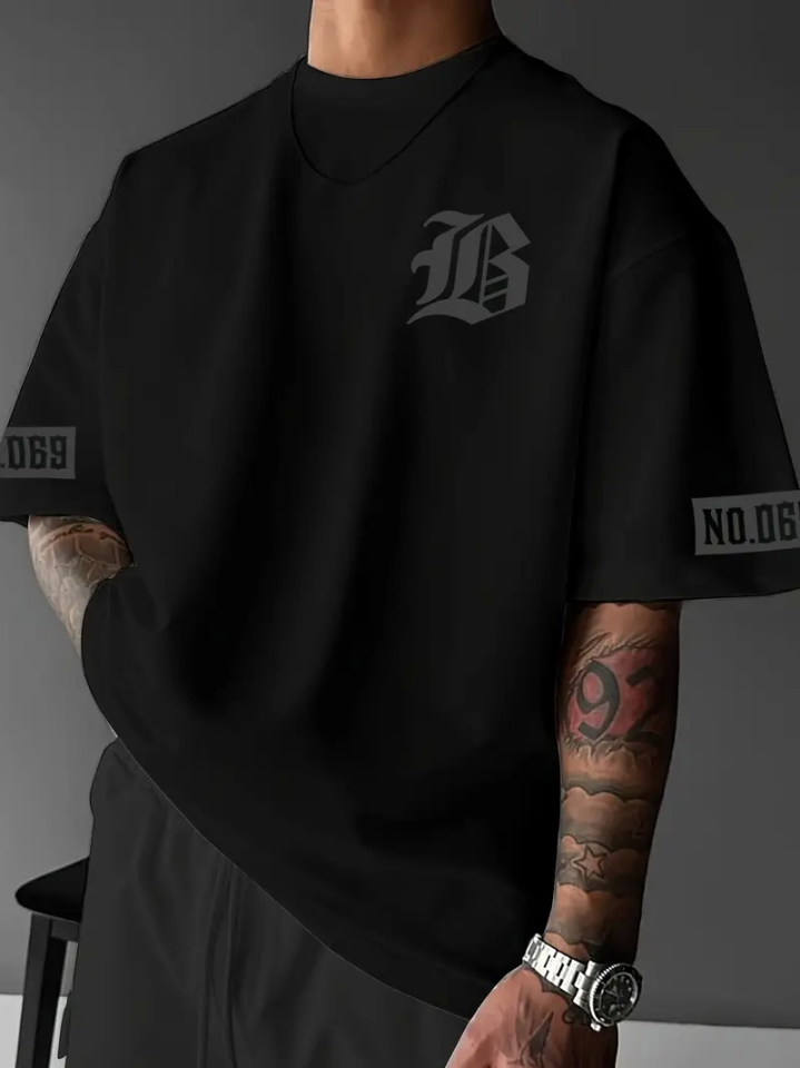 Baskılı Oversize Bisiklet Yaka T-shirt - Siyah