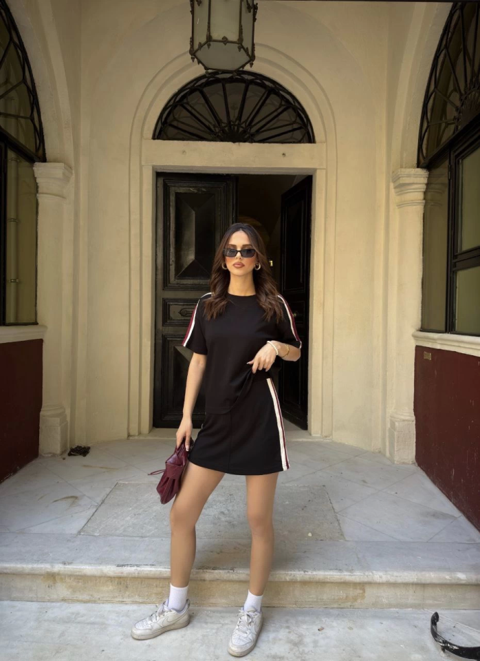 Osy Modal Yumuşak Dokulu Kumaş Parçalı Bisiklet Yaka T-shirt Mini Şortlu Etek İkili Takım - Siyah