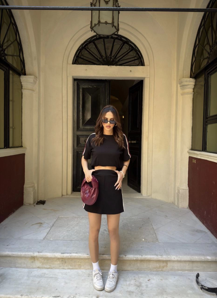 Osy Modal Yumuşak Dokulu Kumaş Parçalı Bisiklet Yaka T-shirt Mini Şortlu Etek İkili Takım - Siyah