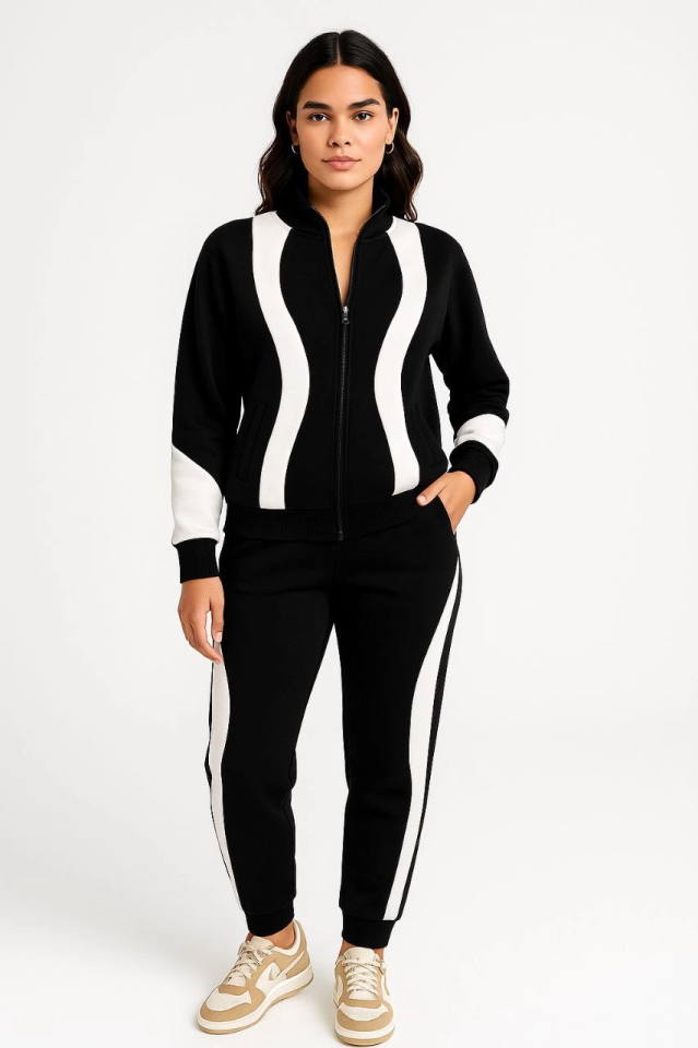 Premium Parçalı Eşofman Takım - Dik Yaka Fermuarlı Sweatshirt - Siyah