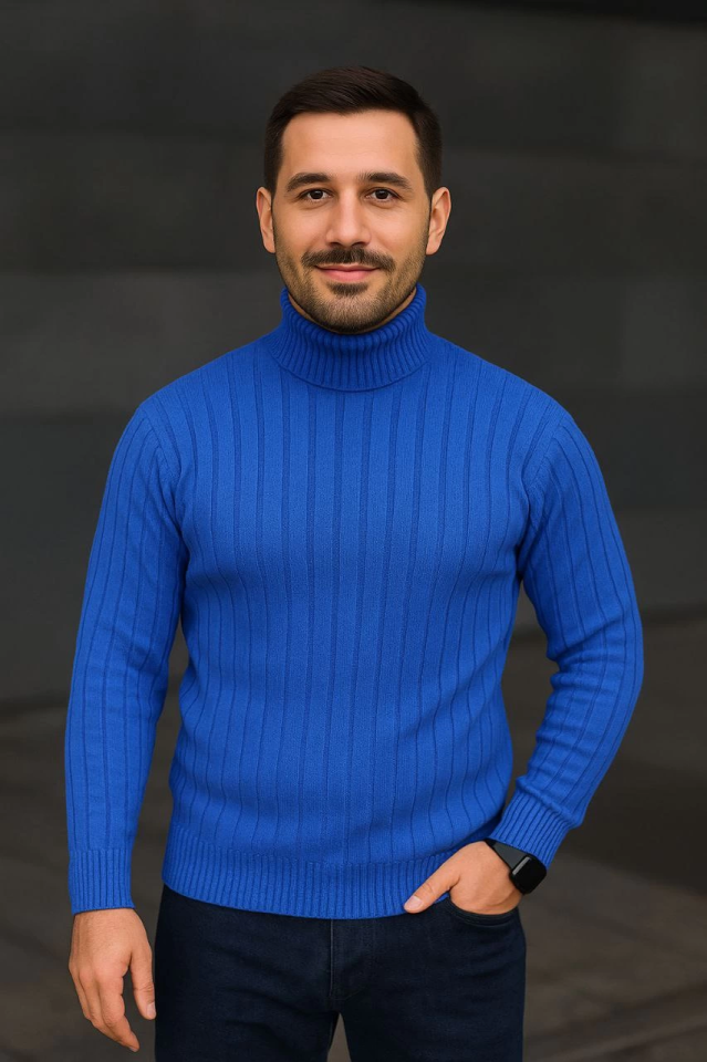 Erkek Balıkcı Yaka Bağazlı Triko Kazak Pamuklu Kalın Fitilli Dokuma, Regular Fit Uzun Kollu Kışlık Model - Saks Mavisi