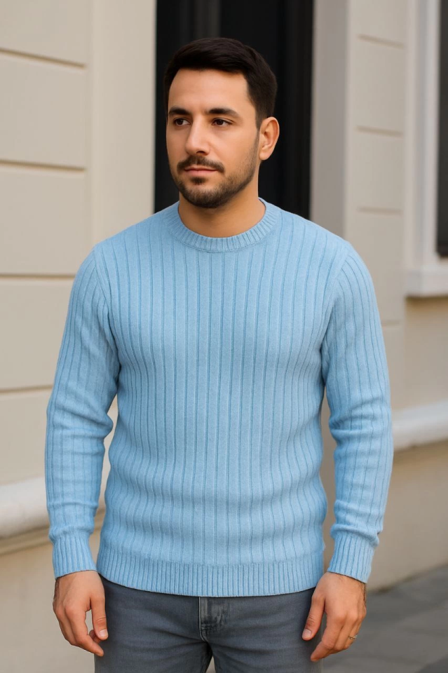 Erkek Bisiklet Yuvarlak Yaka Triko Kazak Pamuklu Kalın Fitilli Dokuma, Regular Fit Uzun Kollu Kışlık Model - Bebe Mavisi