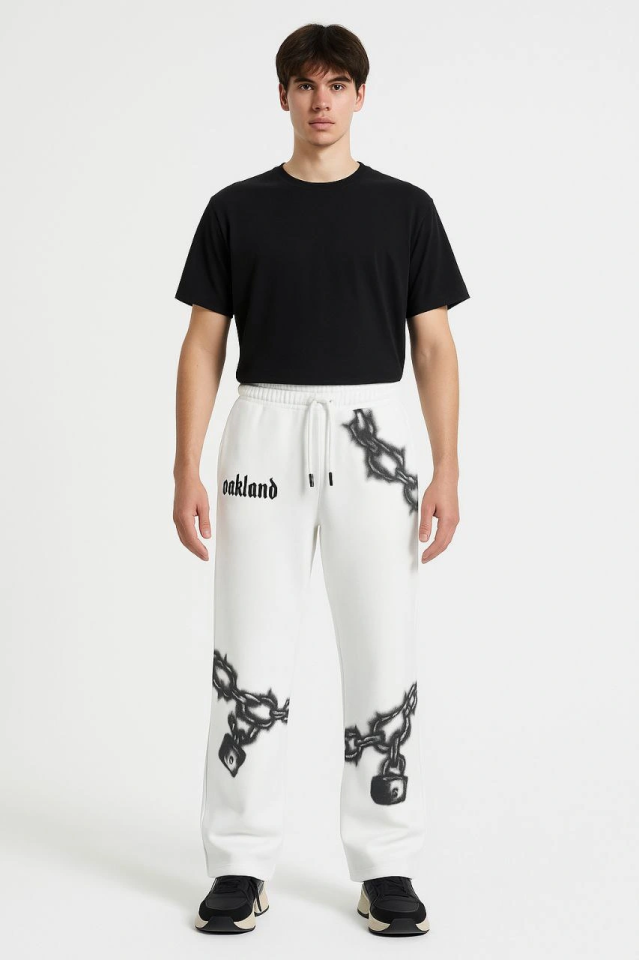 Erkek Üç İplik Pamuklu Baskılı Cepli Jogger Buggy Pantalon Oversize Kalıp - Beyaz