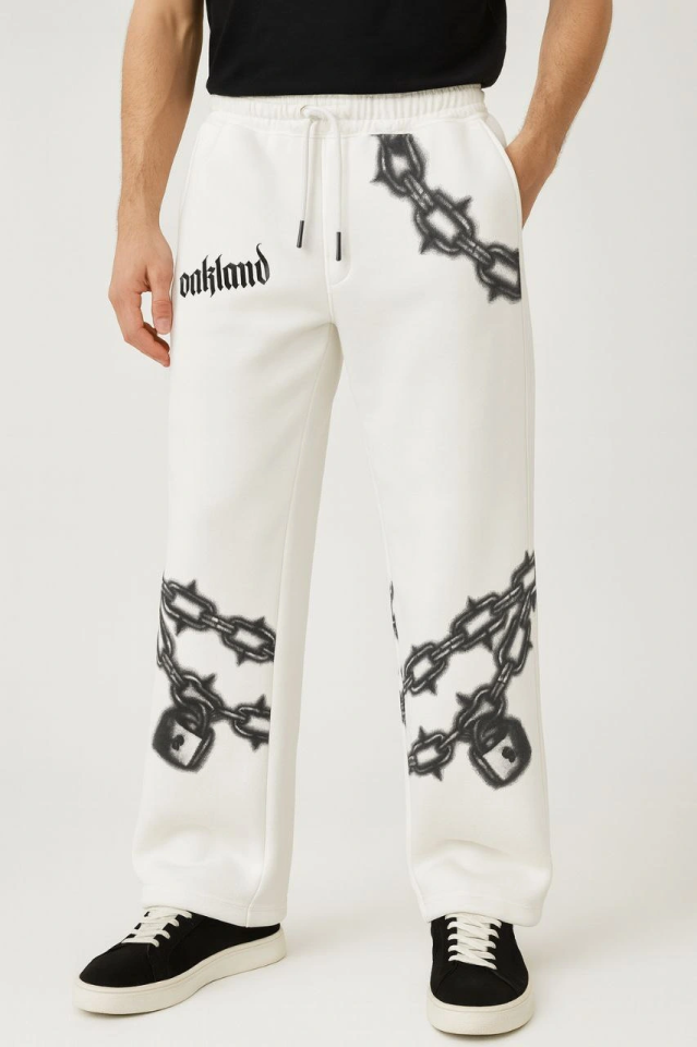 Erkek Üç İplik Pamuklu Baskılı Cepli Jogger Buggy Pantalon Oversize Kalıp - Beyaz