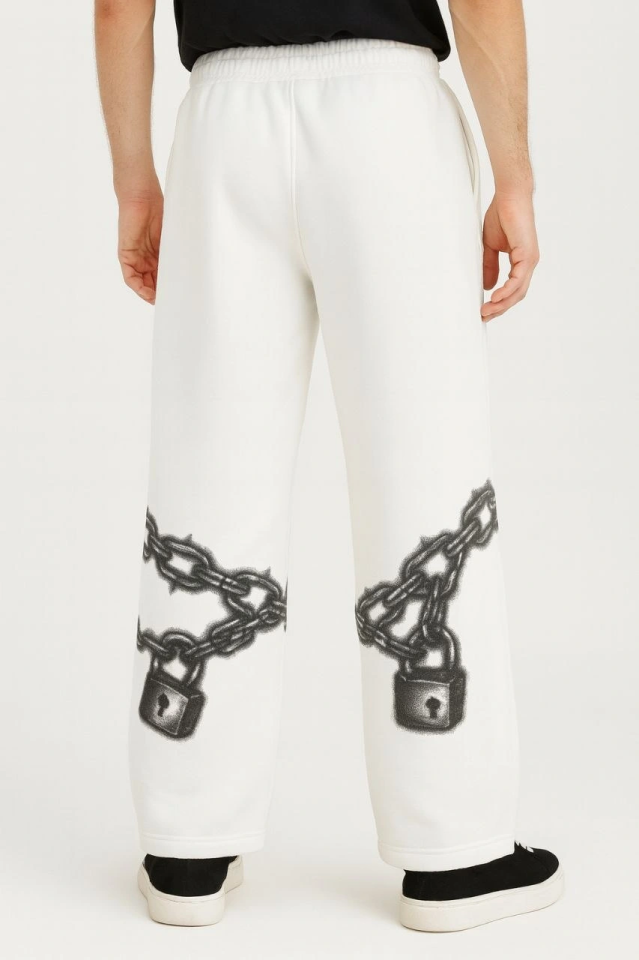 Erkek Üç İplik Pamuklu Baskılı Cepli Jogger Buggy Pantalon Oversize Kalıp - Beyaz