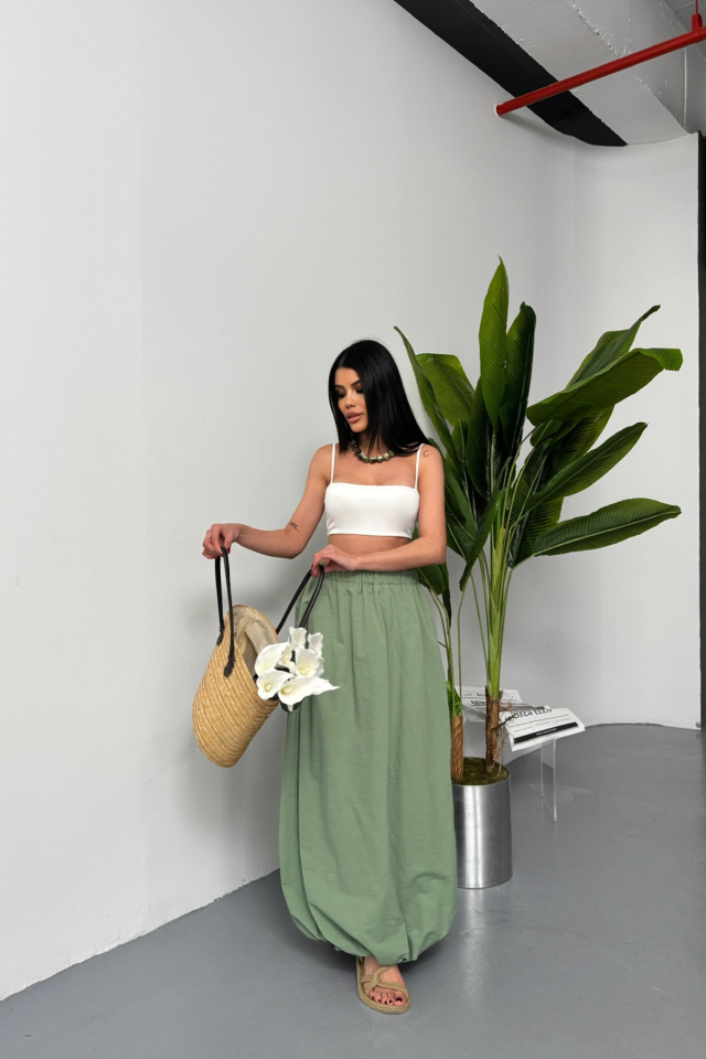 BEL LASTİKLİ BALON ETEK ŞANEL BOY SOFT KUMAŞ - Haki