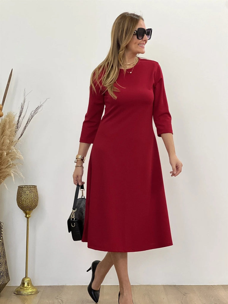 Kadın Uzun Truvakar Kol Bisiklet Yaka Midi Modal Elbise