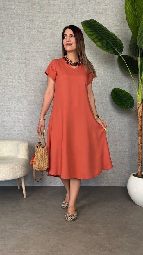 Kadın Kısa Kollu V Yaka Salaş Maxi Boy Elbise