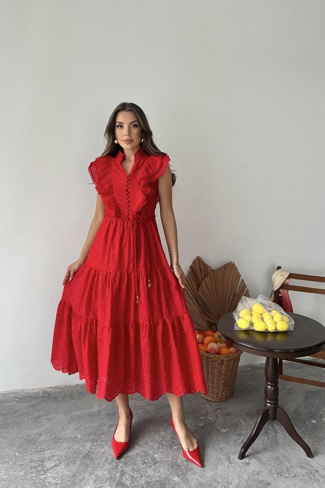 Kırmızı Fırfırlı Düğmeli Elbise
