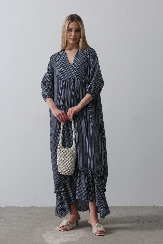 Çizgili Oversize V Yaka Elbise - Lacivert