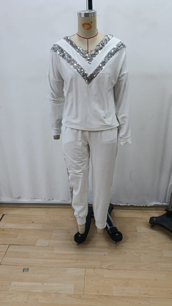 Kadın Uzun Kollu V Yakalı Pulpayetli Viskon Iki Iplik Bluz Ve Pantolon