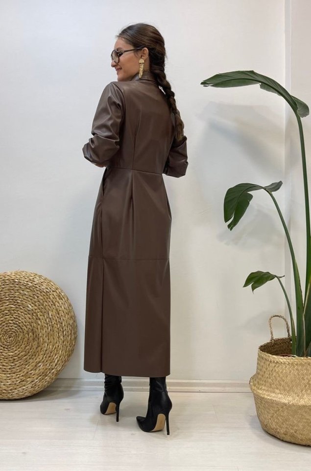 Kahverengi Kemerli Deri Elbise