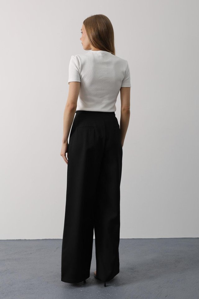 Pileli Bağcıklı Oversize Pantolon - Siyah