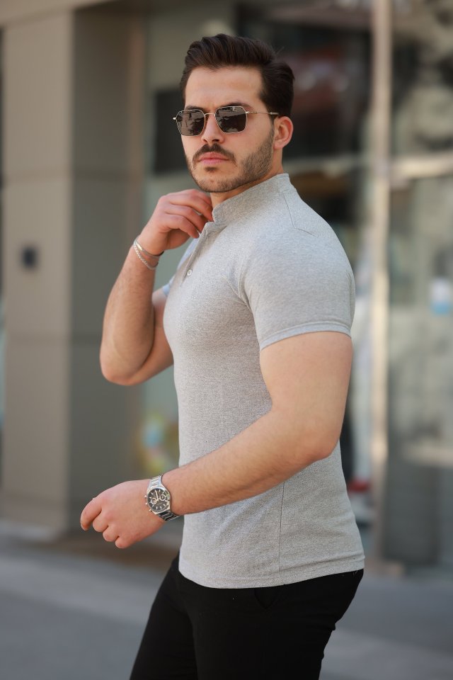 Erkek Hakim Yaka Dokuma Pamuklu Kumaş Kısa Kollu T-shirt