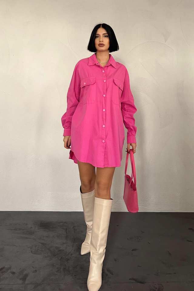 Fuşya Çift Cep Kapaklı Çıtçıtlı Gömlek