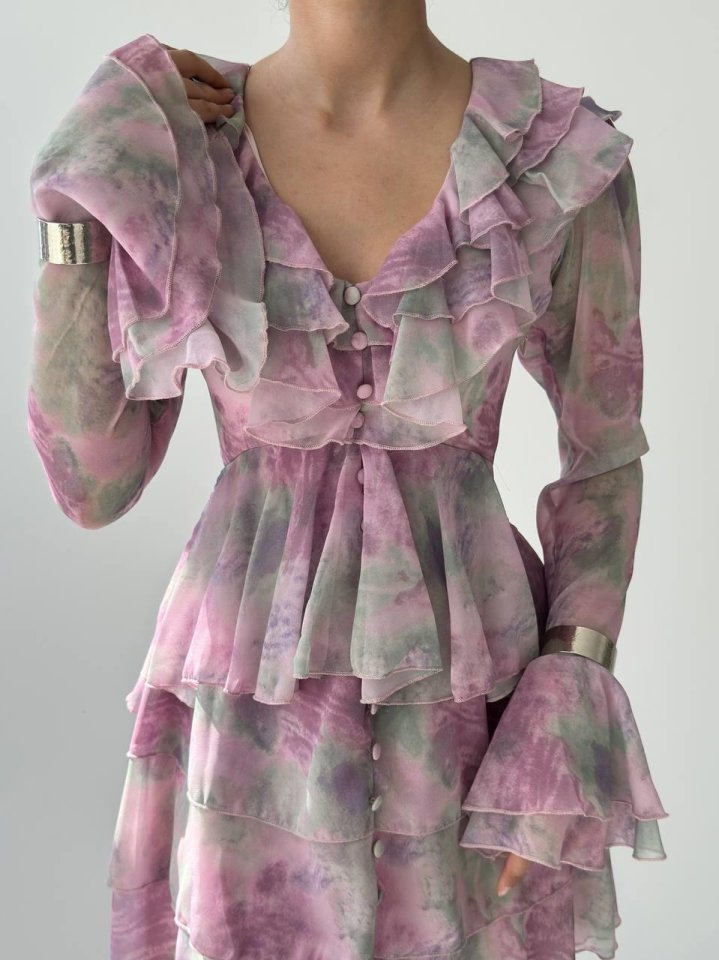 Pastel Desenli Fırfırlı Mini Elbise