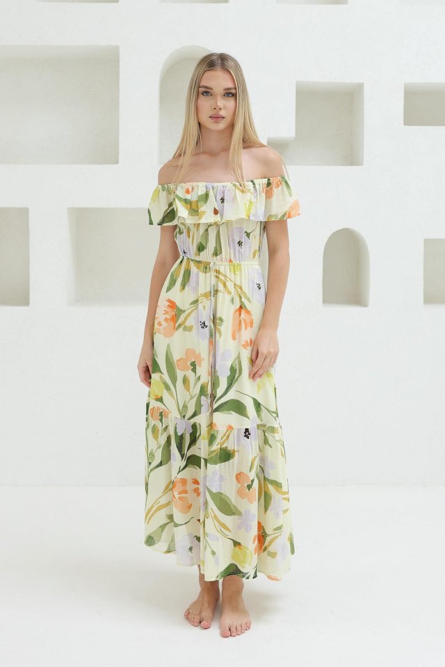 Madonna Yaka Elbise - Yeşil - Ekru