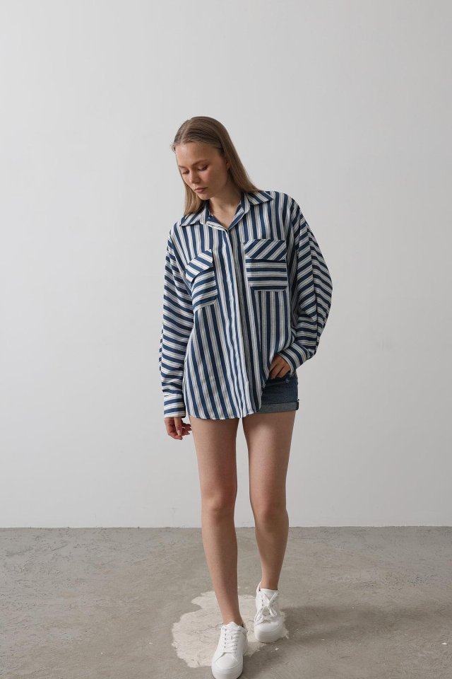 Cep Detaylı Oversize Gömlek - Lacivert