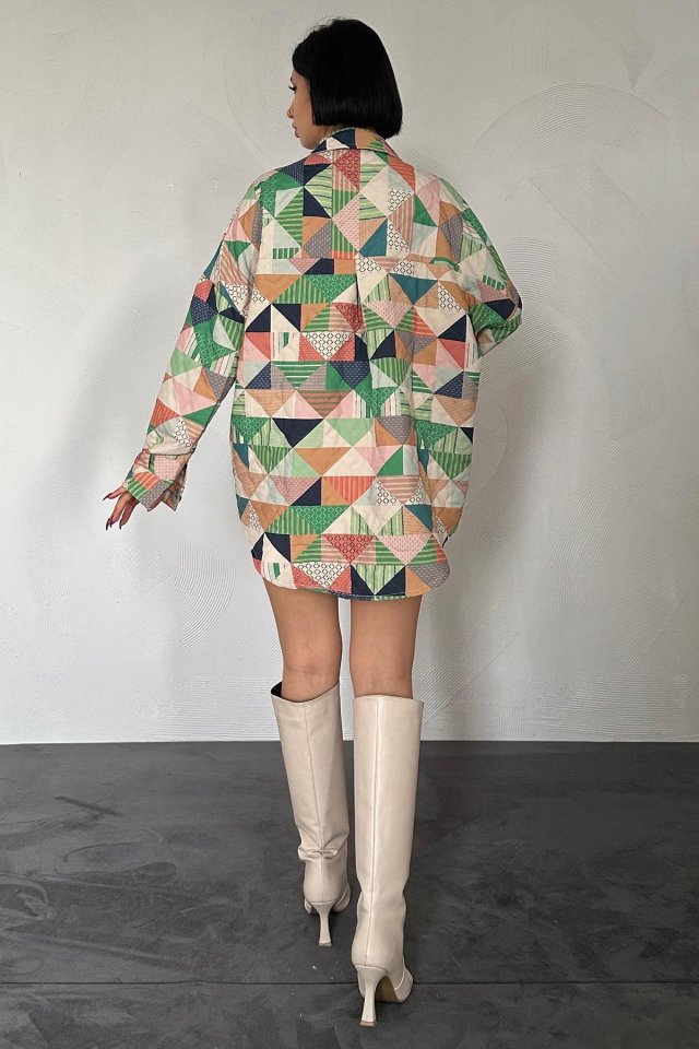 Yeşil Desenli Kapitone Cepli Gömlek