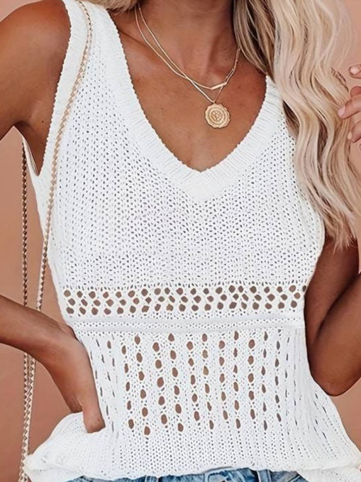 Kadın Kolsuz V Yaka Delikli örme Detay Triko Bluz