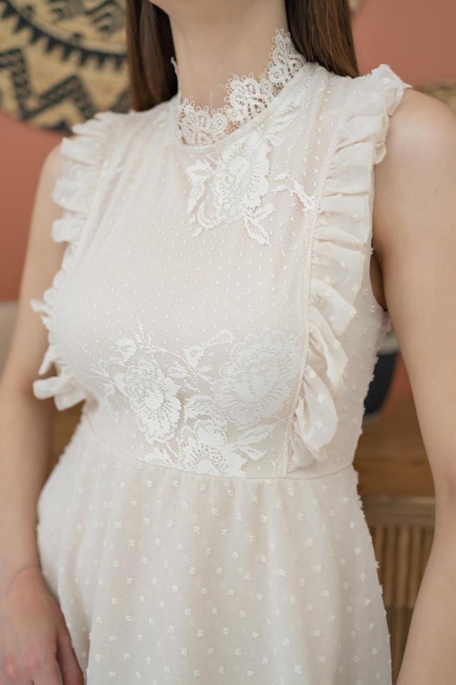 Bej Çiçek Desenli Elbise