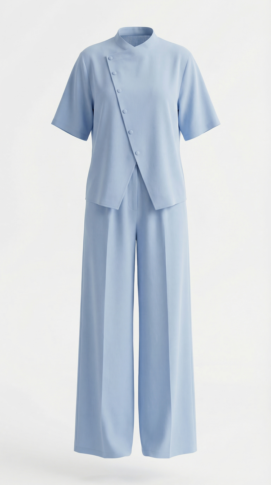 Hakim Yaka Düğmeli Mavi Keten Takım