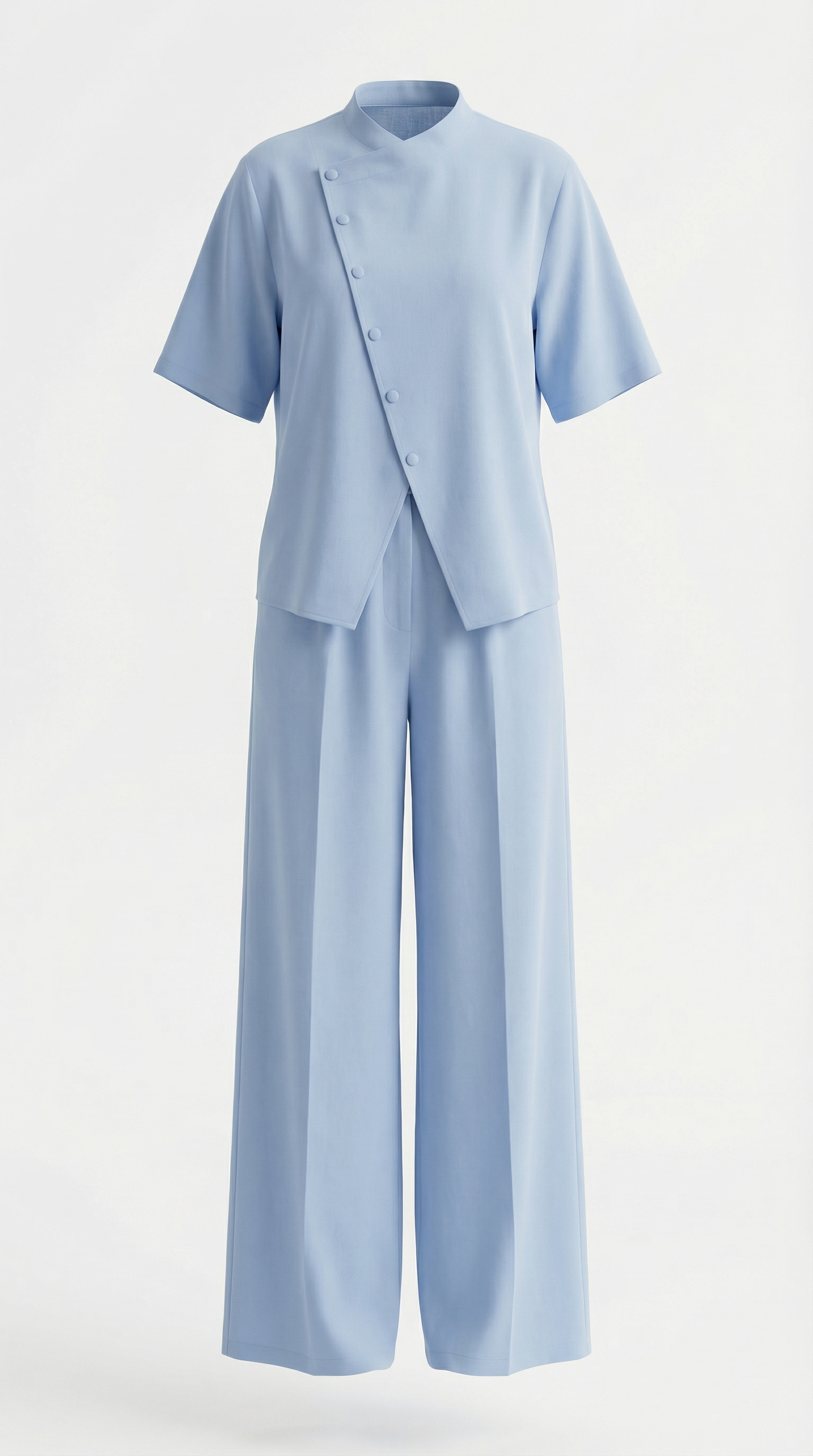 Hakim Yaka Düğmeli Mavi Keten Takım