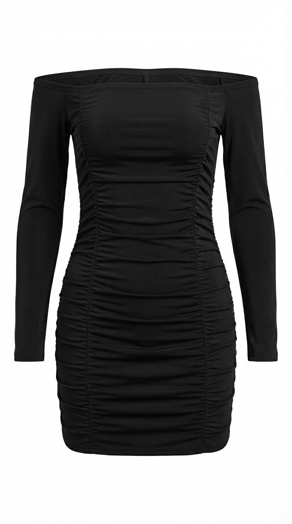 Omuz Dekolteli Büzgülü Siyah Mini Elbise
